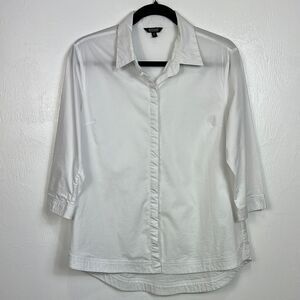 Bogari White Cotton Blend 3/4 Sleeve Collared Button-Up Shirt Size L